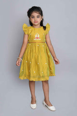 Mustard Frill Sleeves Chanderi Silk Printed Frock For Girls