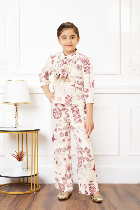 Ethnic Print Co-ord Set with Tassel Detail – Off-White And  Maroon For Girls