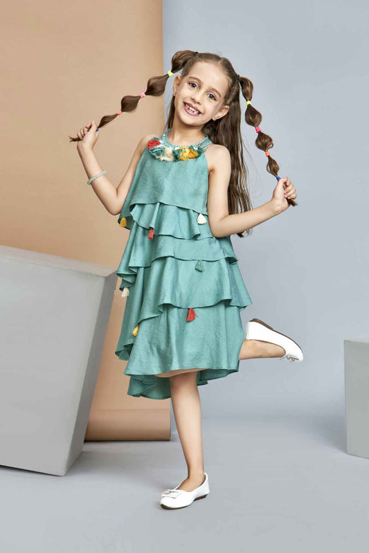 Sea Green Tiered Ruffle Dress With Colorful Tassel Details For Girls