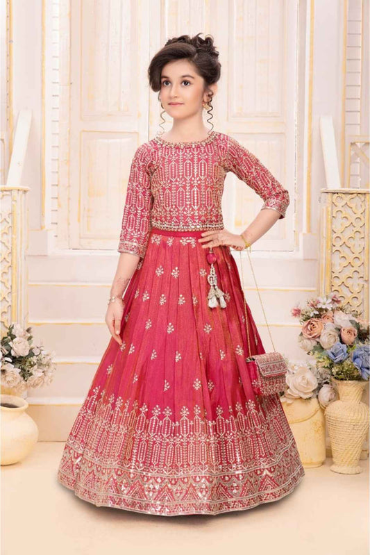Red Sequins Embroidered Lehenga Choli With Sling Bag For Girls