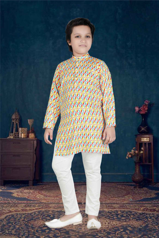 Golden Asymmetric Printed Kurta And White Bottom Set For Boys