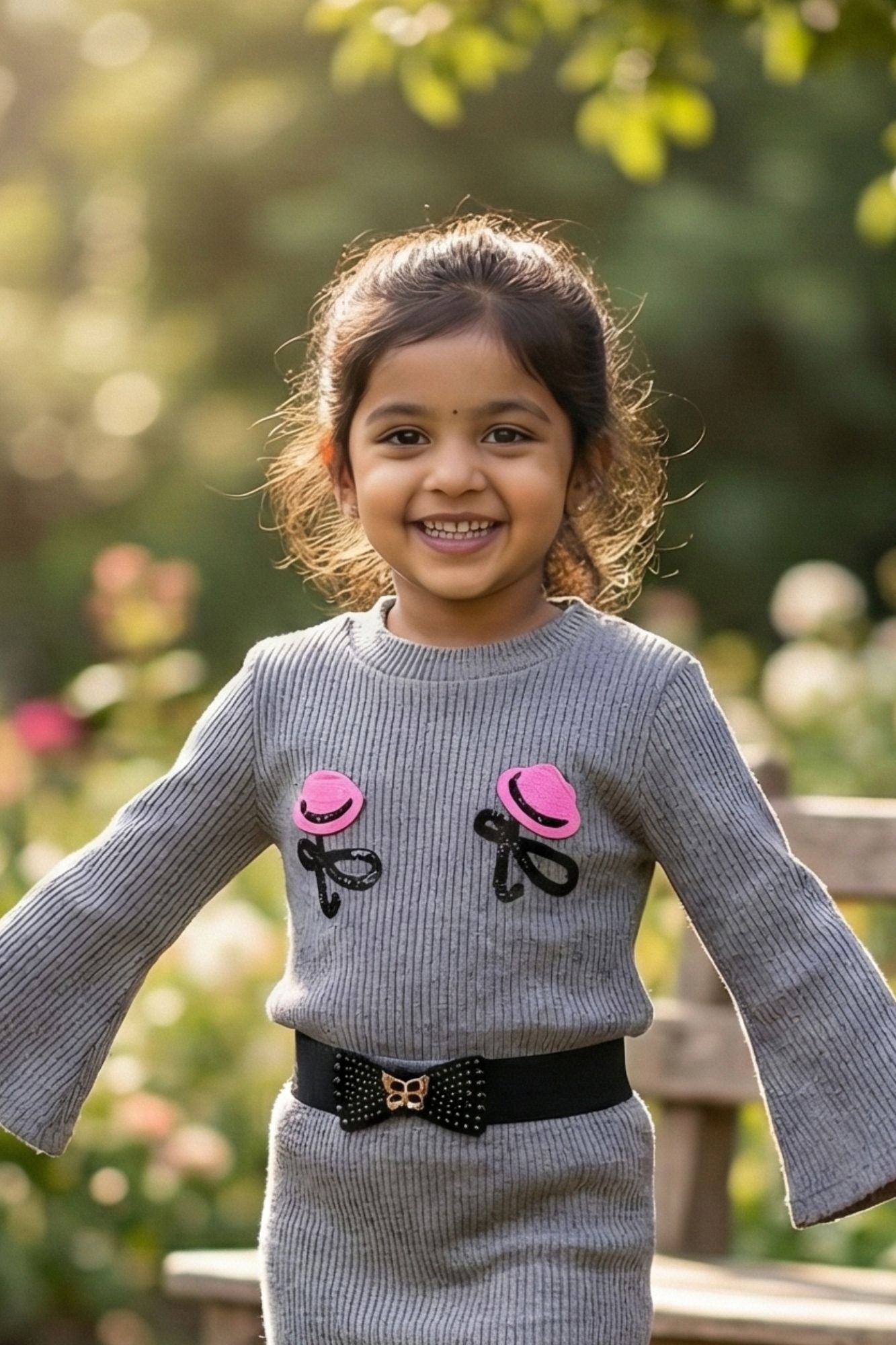 Grey Embroidered Top & Skirt Co-ord Set For Girls