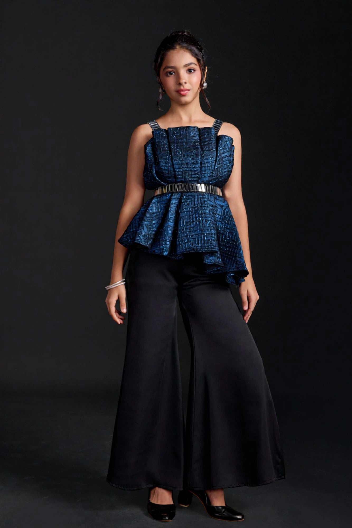 Metallic Blue Pleated Top with Pants For Girls