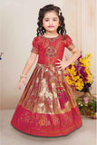 Pink Brocade Pattu Pavadai With Bead Work And Zardosi Work For Girls