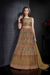 Fawn Lehenga Choli Set With Printed And Sequin Work For Girls