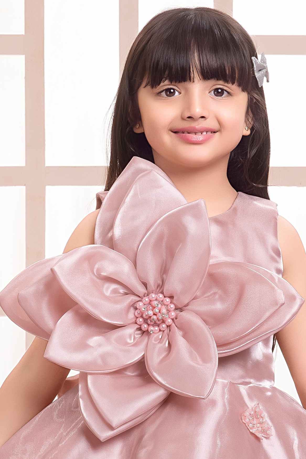 Elegant Peach Floral And Butterfly Embellished Frock For Girls