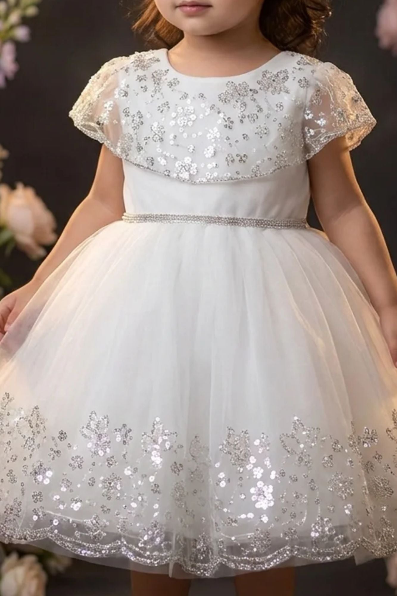 Girls White Party Wear Frock with Sequin Embellishments