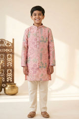 Boys Peach Floral Embroidered Kurta Set with Cream Pyjama