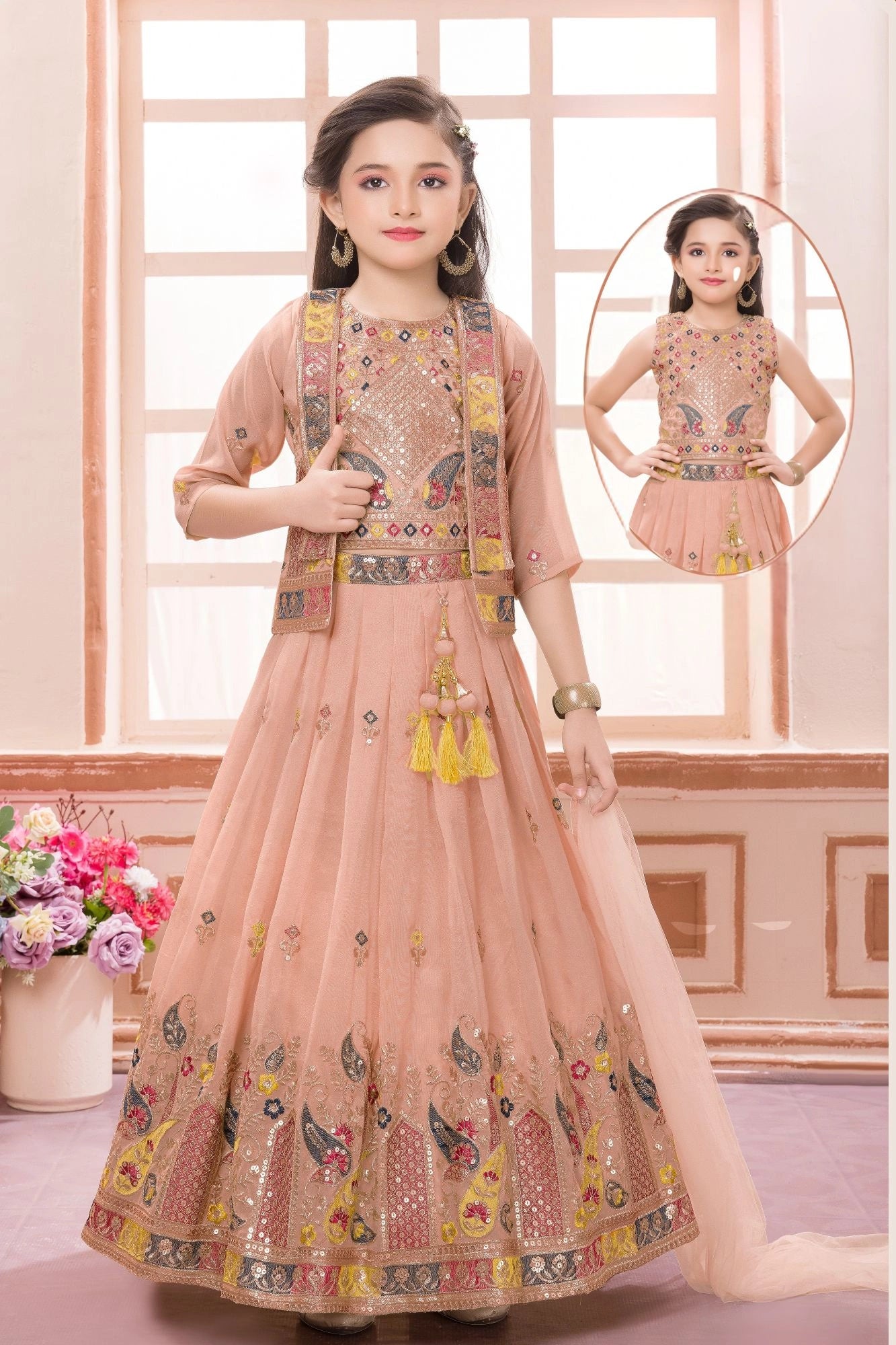 Peach Embroidered Lehenga Choli with Jacket For Girls
