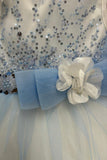 Blue Sequin Party Wear Frock With Bow For Girls
