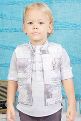 White Shirt And Pant Set With Printed Overcoat For Boys