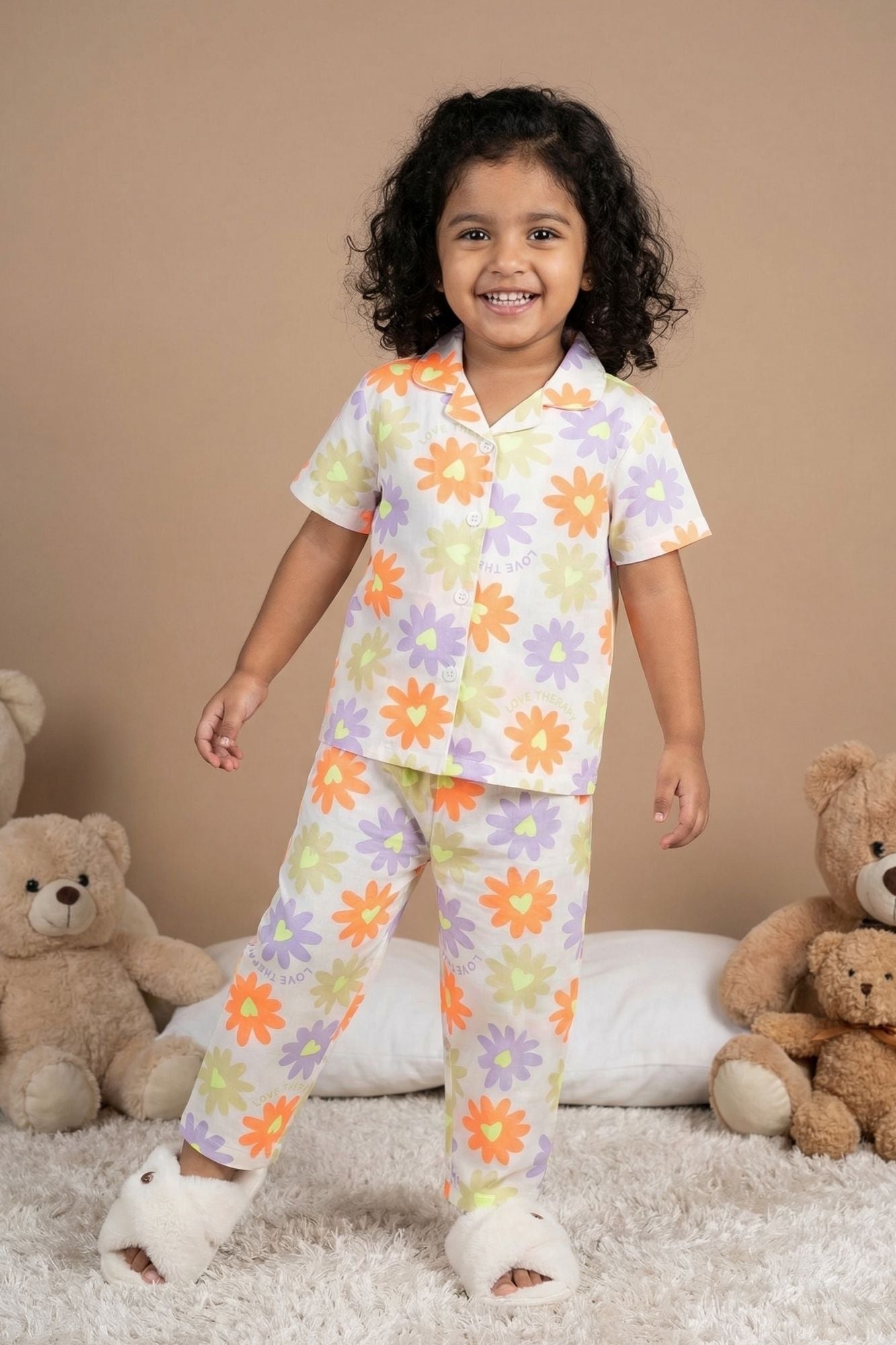 White Multicolor Floral Print Night Suit Set For Girls