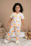 White Multicolor Floral Print Night Suit Set For Girls