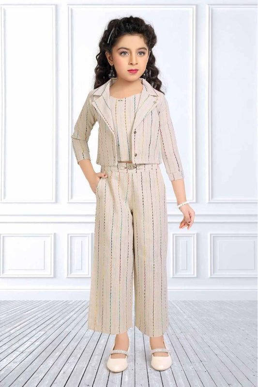 Stylish Beige Overcoat With Thread Work Co Ord Set For Girls