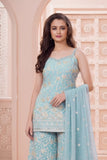 Sky Blue Embroidered Palazzo Set with Dupatta For Girls