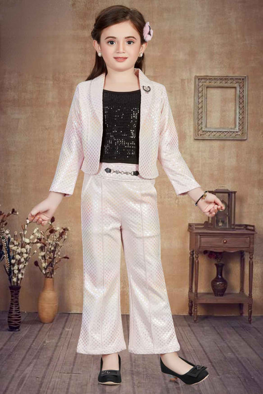 Stylish Peach  Sequins Work Set With Blazer For Girls