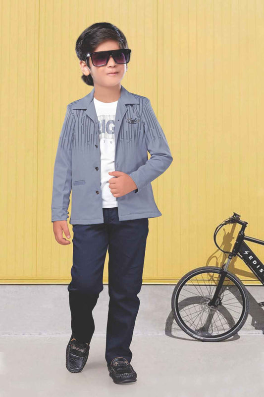 Grey Overcoat With White T-shirt And Pant Set For Boys