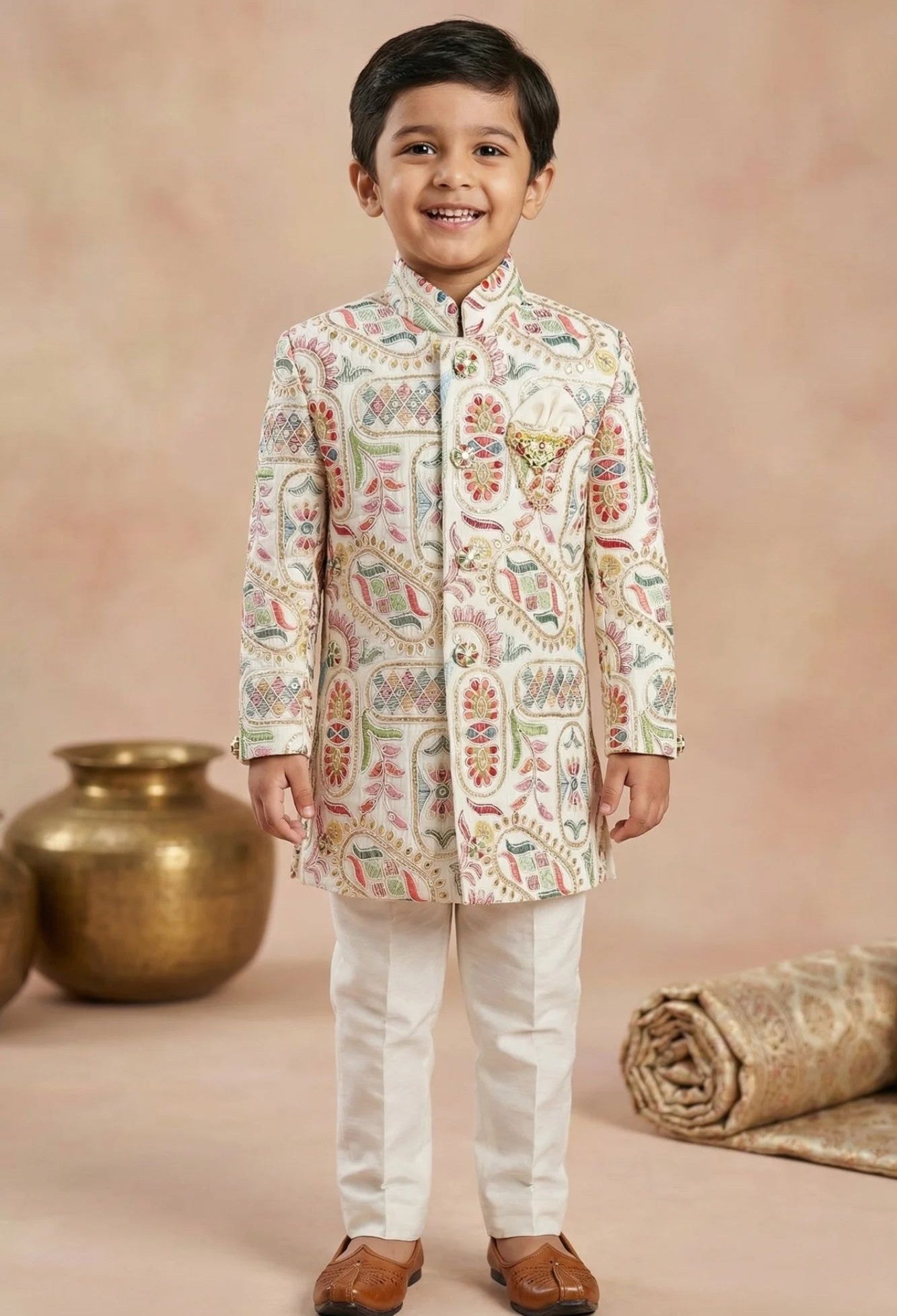 Elegant Boys Cream Jodhpuri Suit With Embroidered Woven Ethnic Motifs