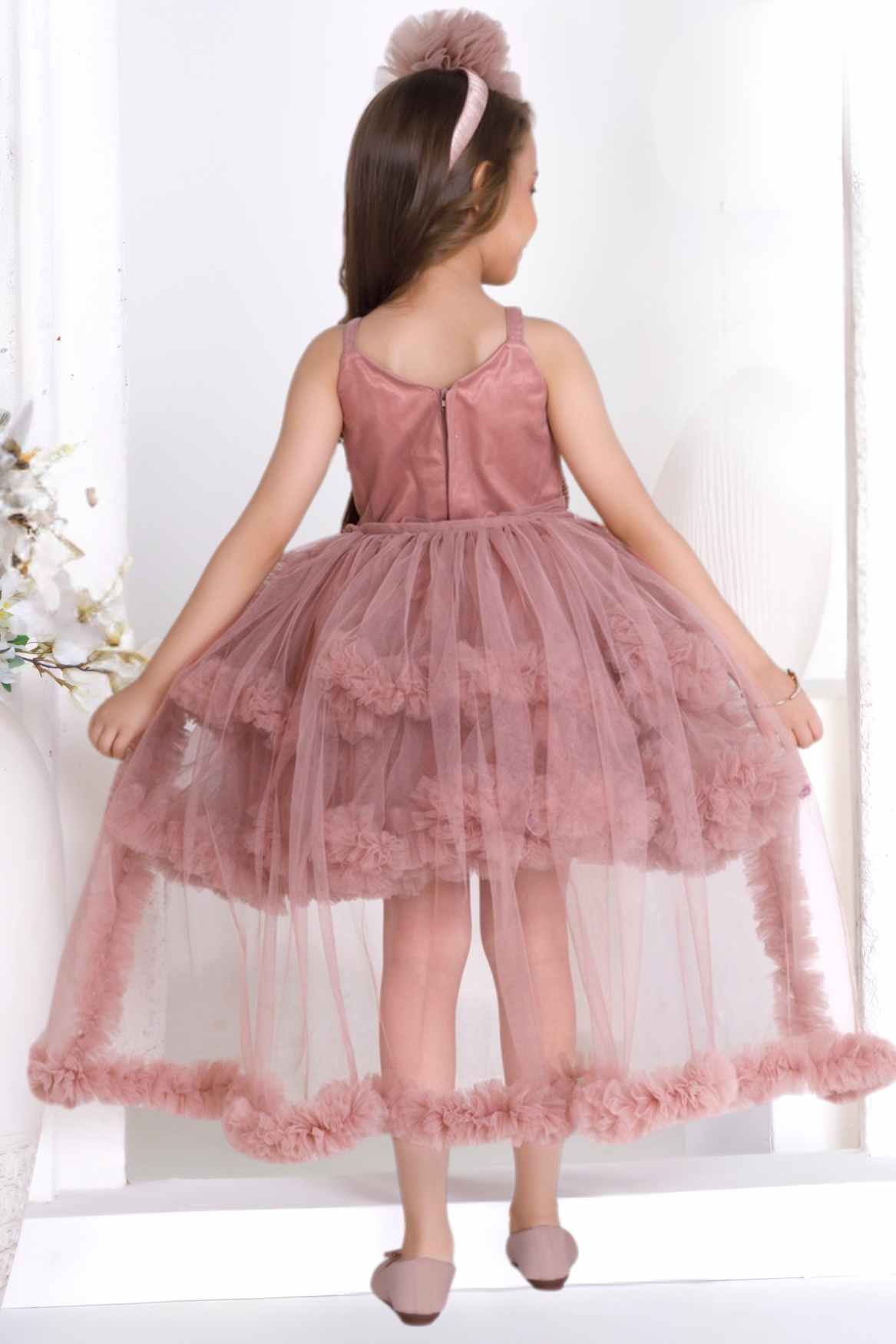 Dusty Pink Ruffle And Layered High-Low Party Tailback Frock for Girls