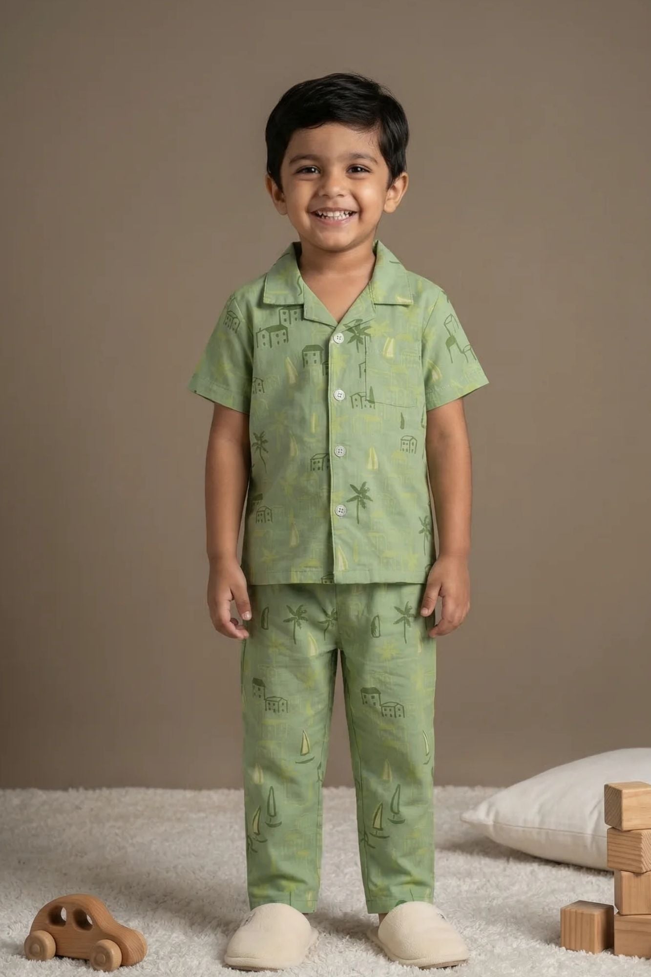 Green Tropical Print Night Suit Set For Boys