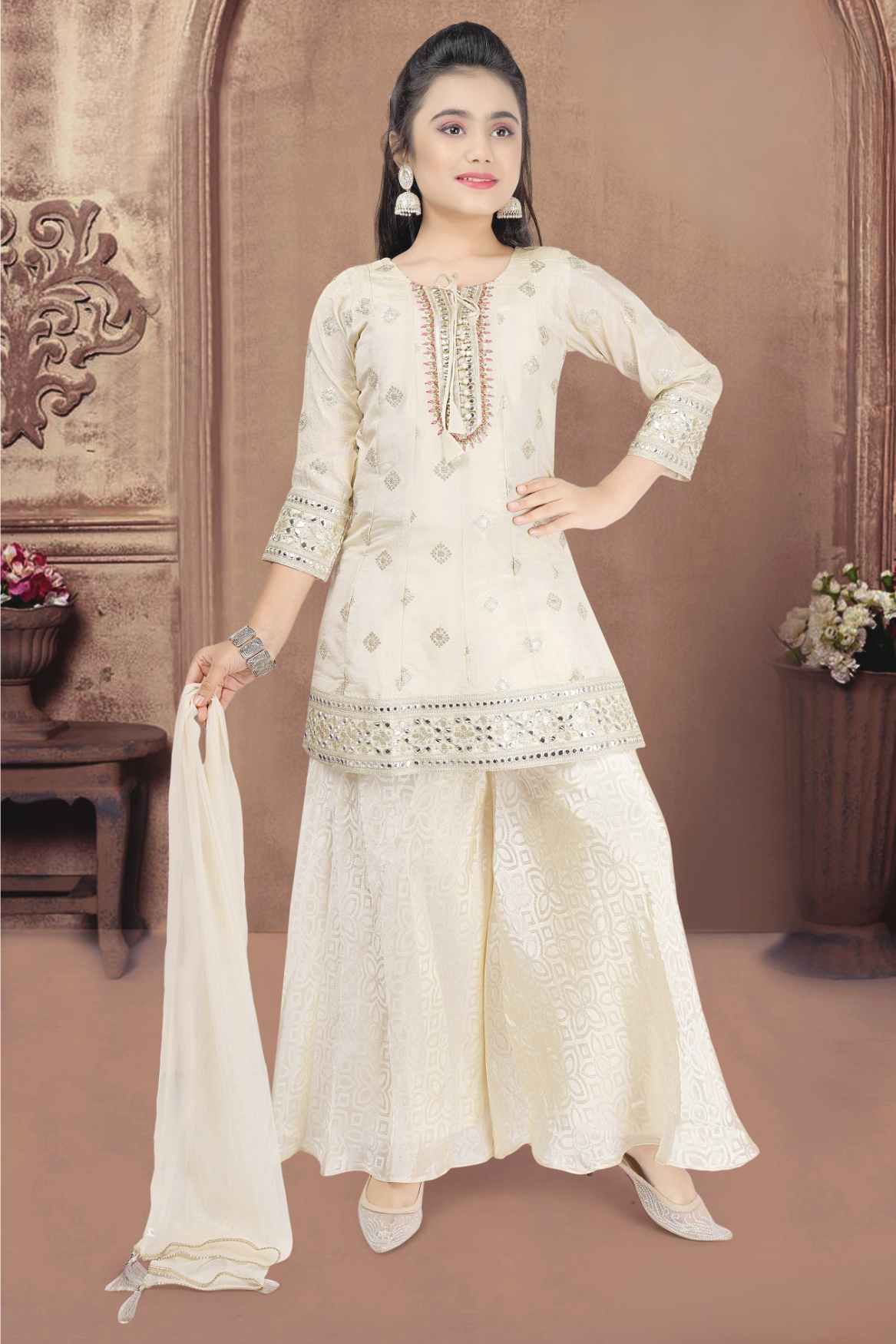 Elegant Cream Mirror Work Banarasi Palazzo Set For Girls