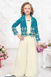 Teal Blue and Cream Embroidered Wide Legged Pant Set With Jacket For Girls