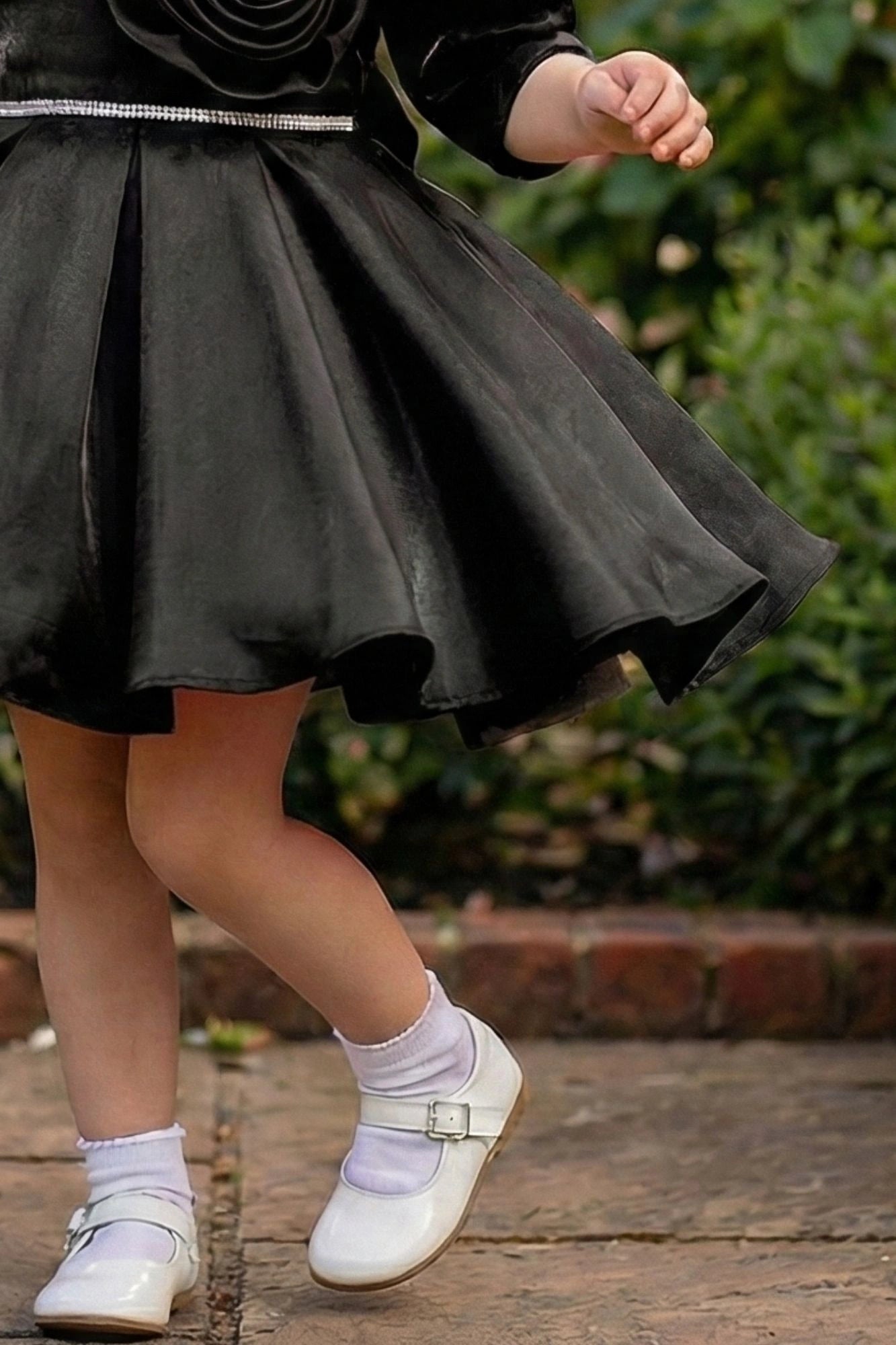 Black Party Wear Frock with Puffy Sleeves & Statement Rose Appliqué For Girls