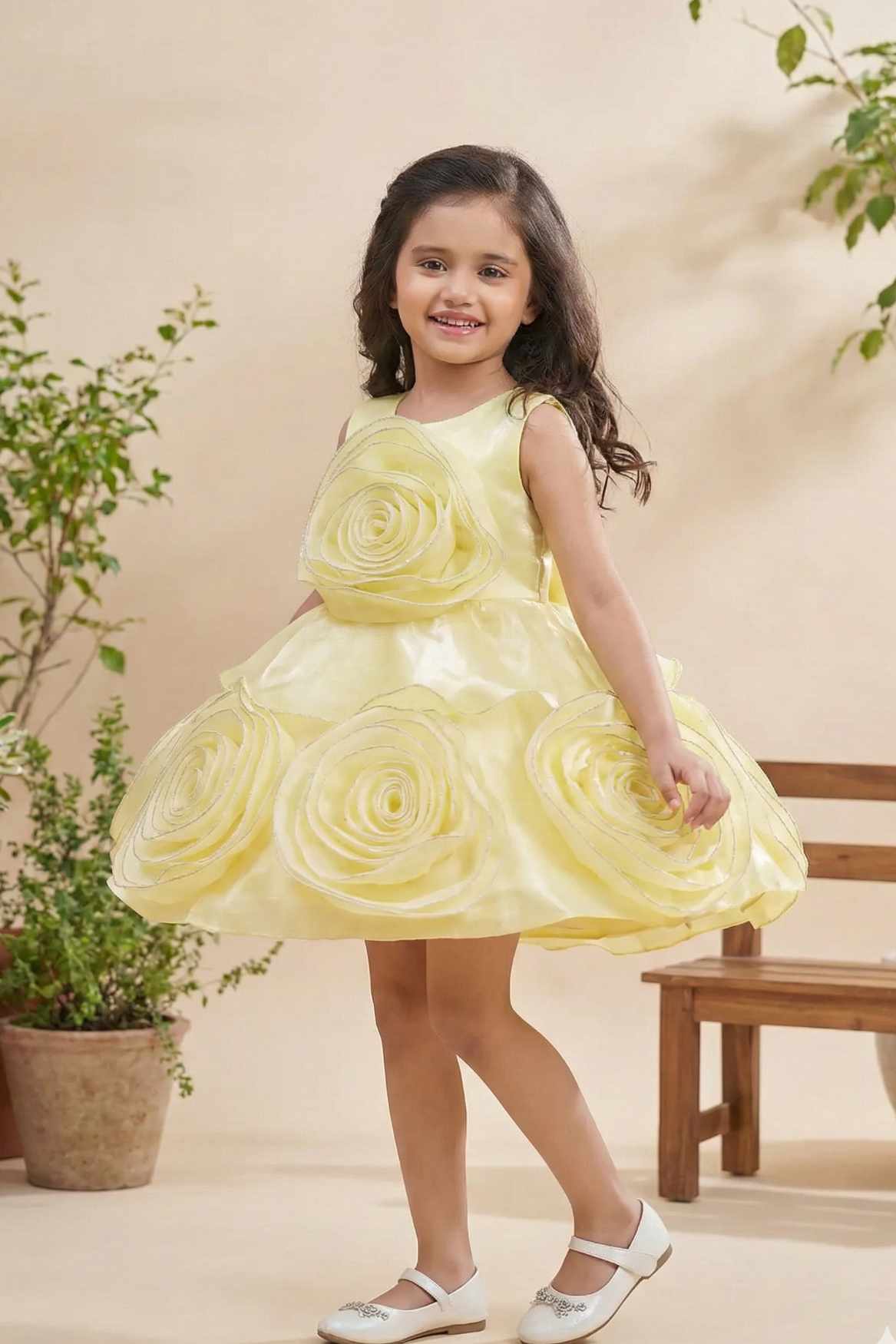 Blooming Princess Yellow Rosette Embellished Party Frock For Girls