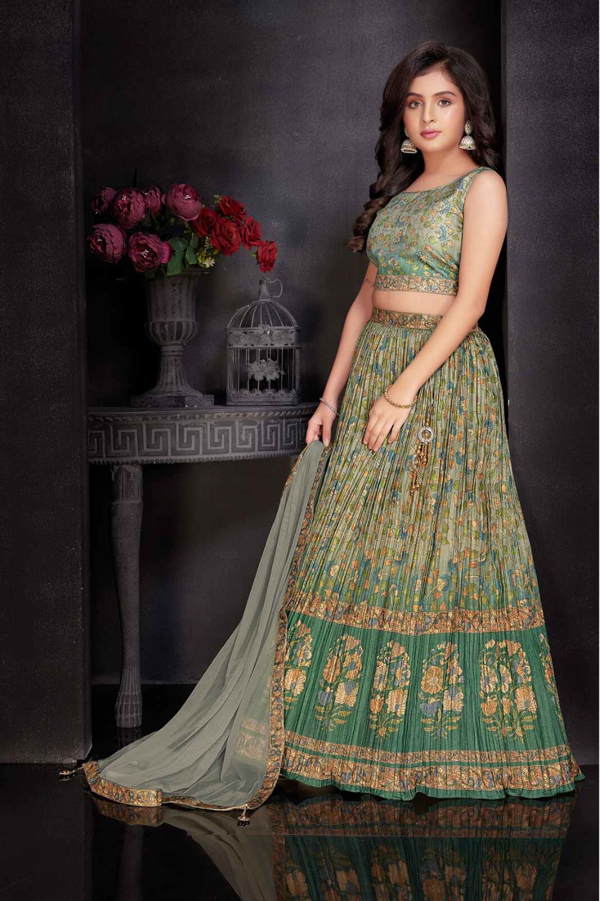 Sage Green Floral Printed Lehenga Choli Set with Dupatta