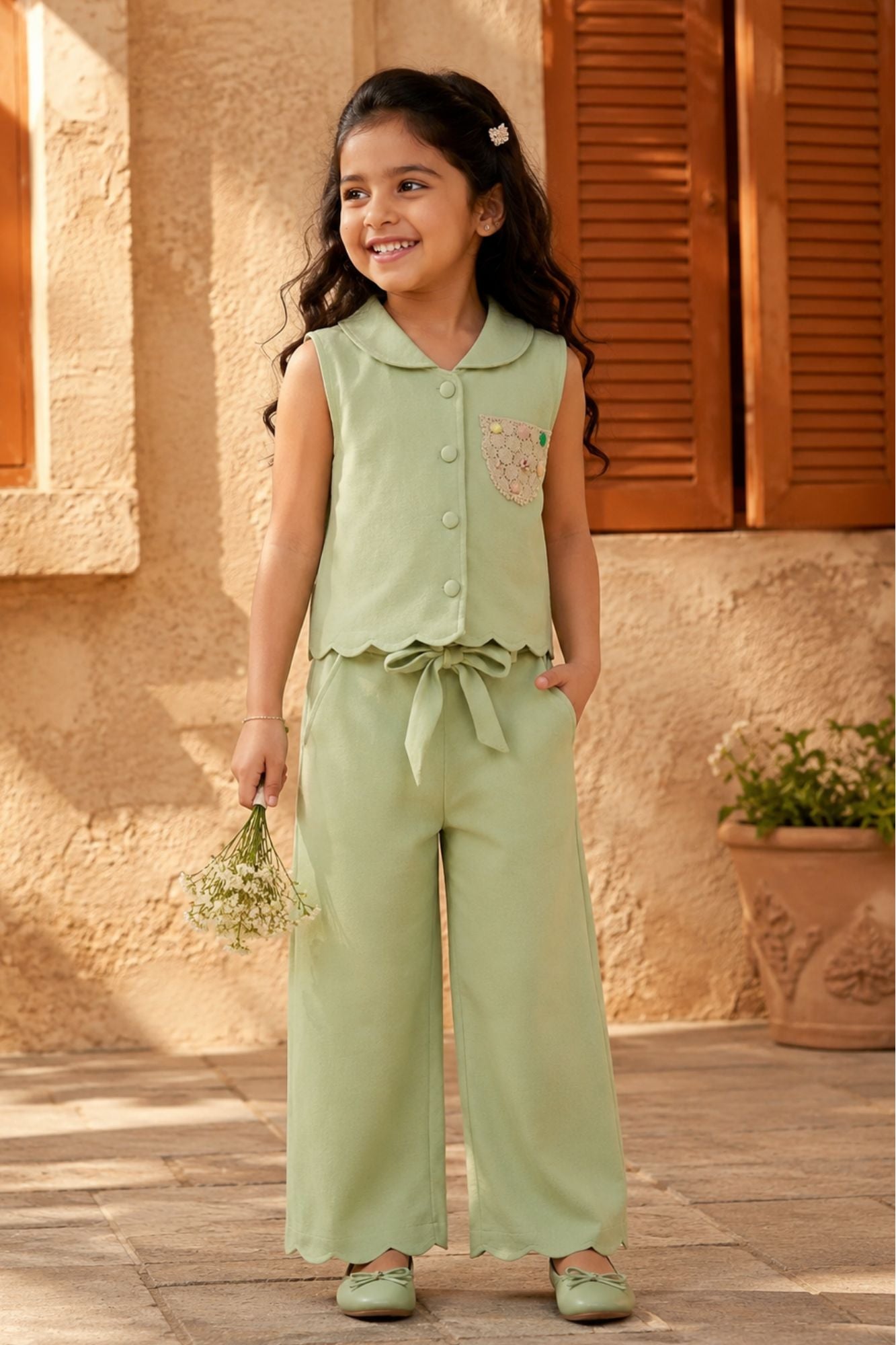 Girls Pista Green Sleeveless Embroidered Co-Ord Set with Wide Leg Pants