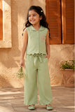 Girls Pista Green Sleeveless Embroidered Co-Ord Set with Wide Leg Pants