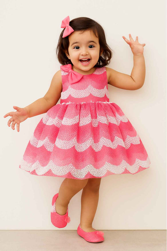 Pink Wave-Pattern Party Frock with Bow & Matching Footwear For Girls