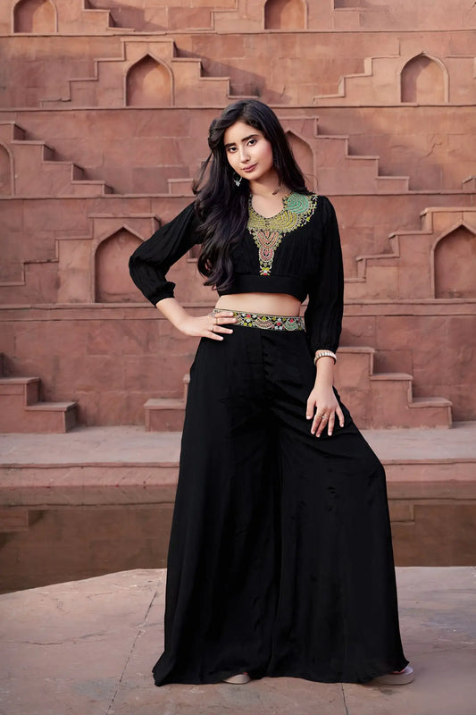 Designer Black Palazzo Set With Multicolor Thread Embroidery for Girls