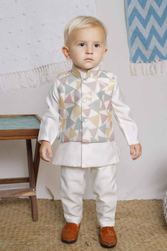 White Full Sleeve Kurta Set With Sequins Worked Waist Coat For Boys