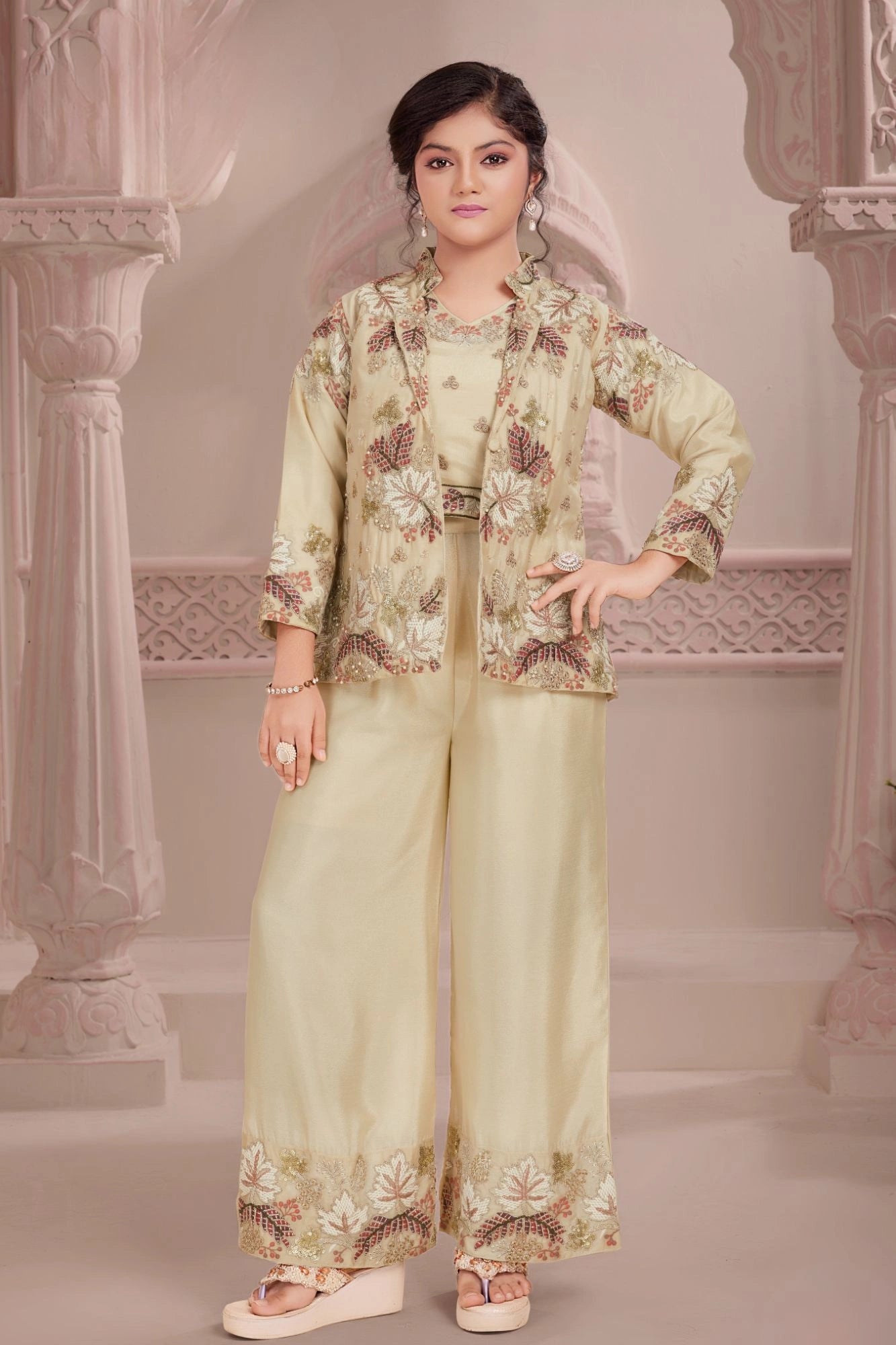 Cream Embroidered Jacket Palazzo Set for Girls