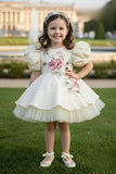 Cream Floral Embroidered Puff Sleeve Party Frock For Girls