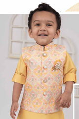 Little Collars Yellow Kurta Set With Embroidered Overcoat For Boys