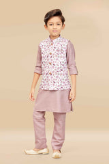 Onion Pink Kurta Set With Cream Embroidered Bandi For Boys