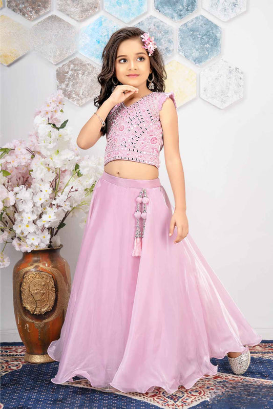 Pink Mirror Work With Embroidered Lehenga Choli Set For Girls