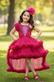 Rani Pink Sequin High-Low Party Dress with Layered Ruffle Hem For Girls