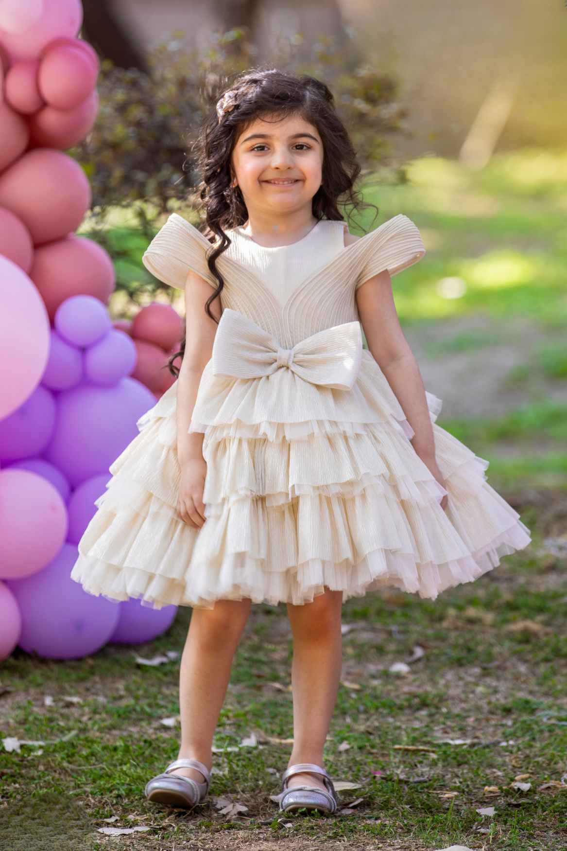 Cream Bow Embellished Party Wear Frock For Girls