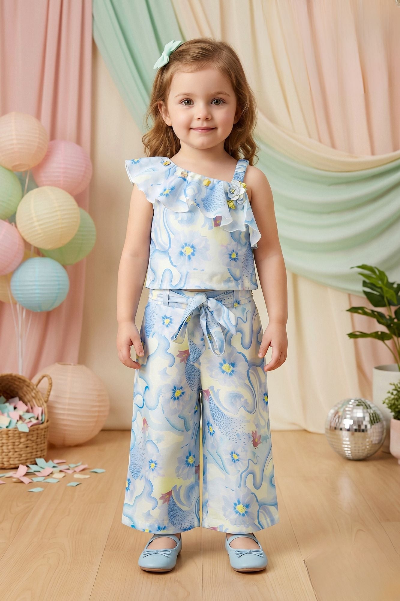 Girls Blue Floral Printed One-Shoulder Co-Ord Set with Wide-Leg Pants