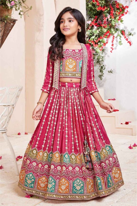 Red Sequin Work And Embroidered Lehenga Choli Set With Overcoat For Girls