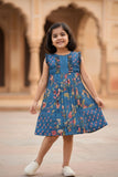 Blue Floral Printed Cotton Frock with Ruffle Yoke For Girls
