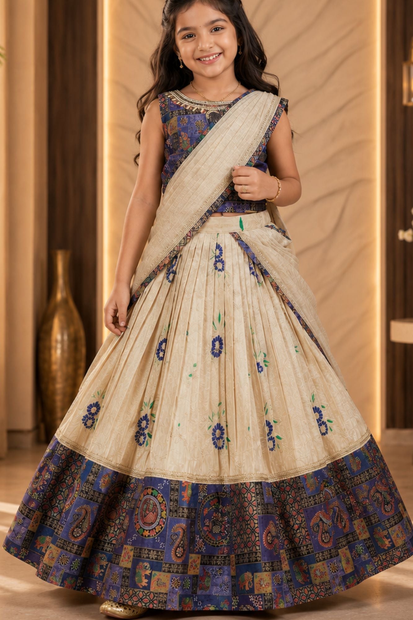Purple Patchwork Lehenga Choli with Attached Dupatta for Girls