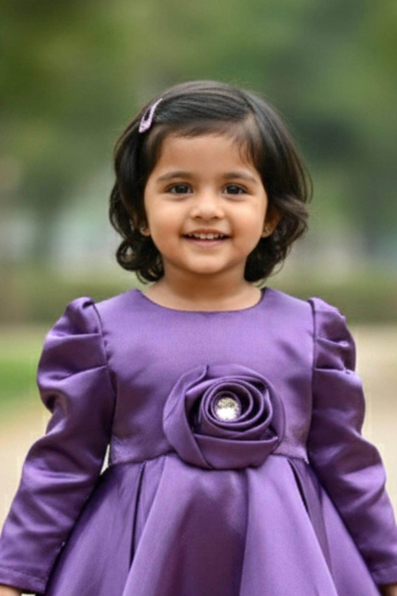Elegant Purple Party Frock with Center Flower Detail For Girls