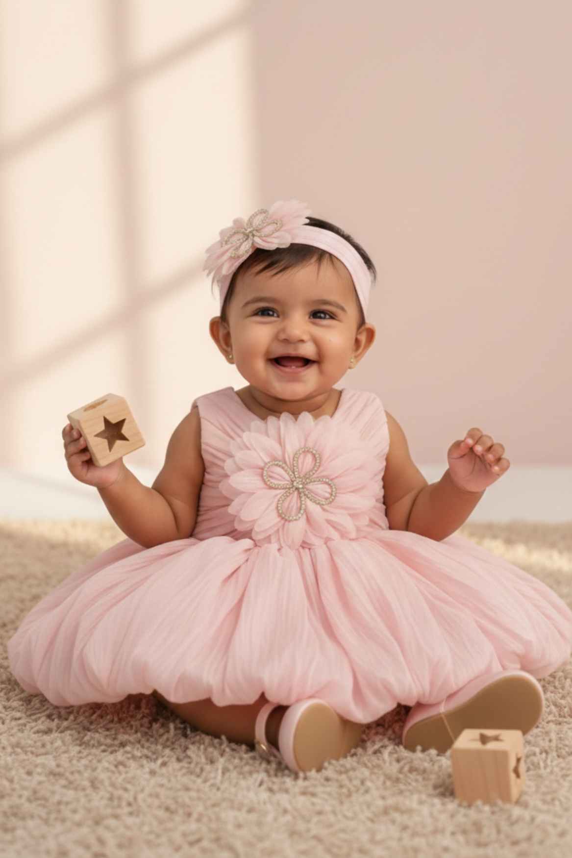 Pink Party Frock with Oversized Floral Appliqué and Pleated Shine Finish For Girls