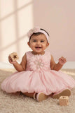 Pink Party Frock with Oversized Floral Appliqué and Pleated Shine Finish For Girls
