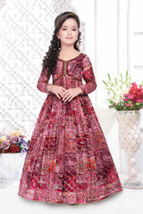 Elegant Wine Printed Gown With Sequin Work For Girls