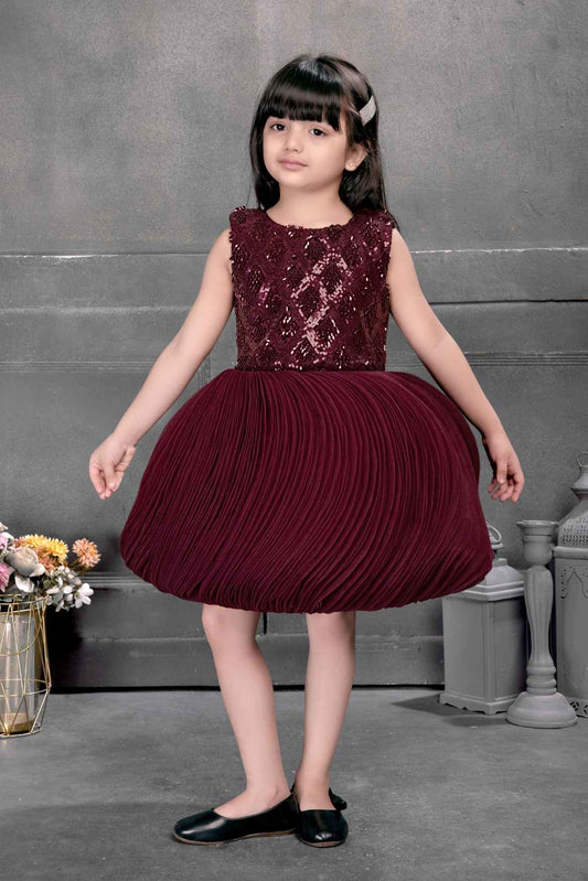 Elegant Maroon Ballon Frock With Sequin Work For Girls